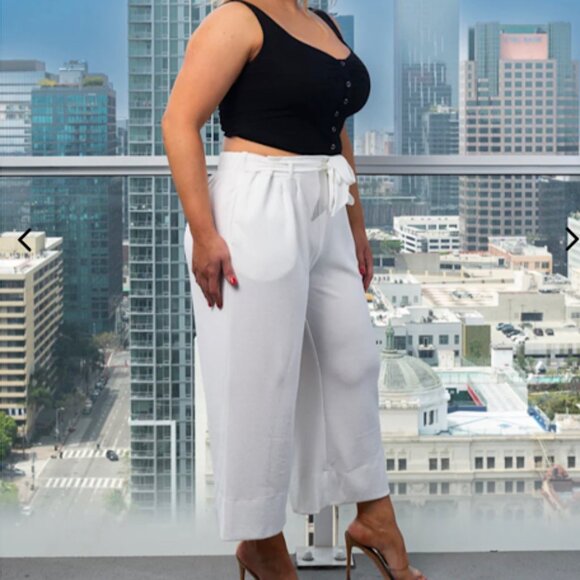NEW Plus Size  elastic waist self tie Wide leg White Capri Pants with 2 Pockets - Picture 5 of 7